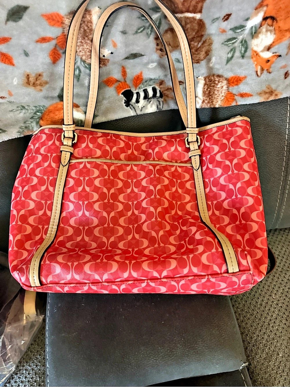 Coach Red & Tan Geometric Tote